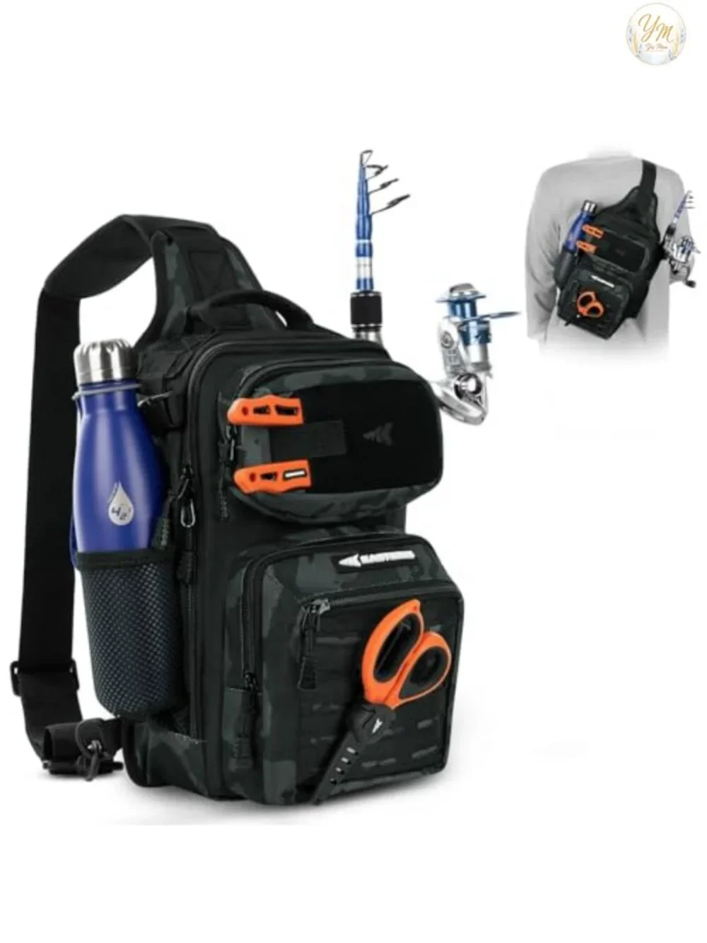Tactical Fishing Sling Backpack with Rod Holder, Molle System, Water Resistant